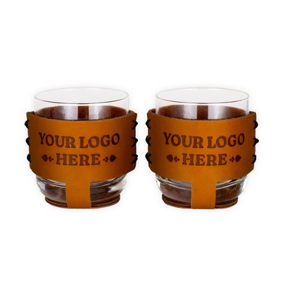 Full-Grain Leather Rocks Glass Bar Set- 2 Sleeve & 2 Glasses w/ Gift Box- Made in USA