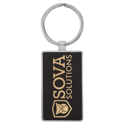 2 3/4" x 1 1/4" Leatherette/Metal Black/Gold Rectangle Keychain