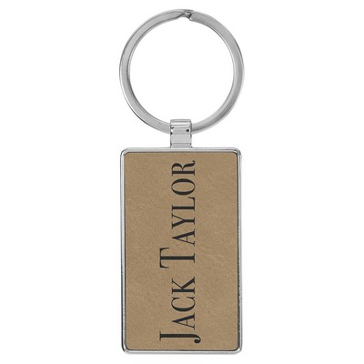 2 3/4" x 1 1/4" Leatherette/Metal Light Brown Rectangle Keychain