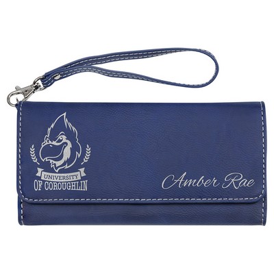 7 1/2" x 4" Blue/Silver Leatherette Wallet with Strap