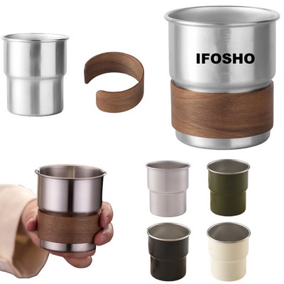 9 Oz Stainless Steel Camping Coffee Mug w/ Wooden Sleeve