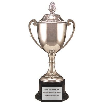 10 ½" Nickel Plated Polished Acorn Top Trophy Cup w/Black Base