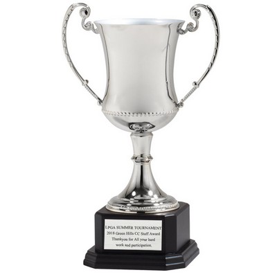 11 ½" Nickel Plated Trophy Cup w/Blackwood Base