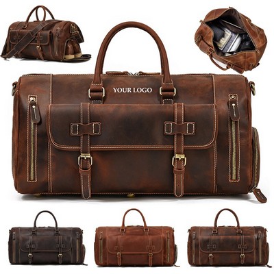 Mens Classic Gift Carry on Bag Leather Weekend Bag Full Grain Overnight Luggage YKK Zipper