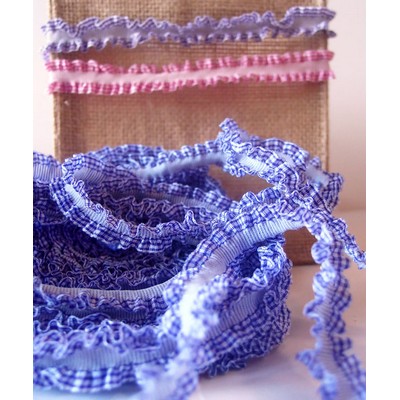 Blue Gingham Ruffled Ribbon w/Stitch Trim