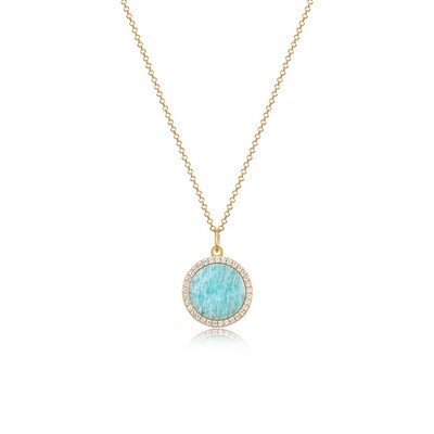 Fleur de Vie Collection Diamondlite CZ and Peru Amazonite Adjustable 13mm Round Locket - Gold