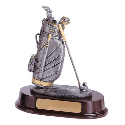 7 ¾" Resin Golf Bag Trophy w/Wood Base