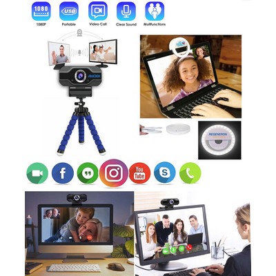 Promotek iBank® Webcam with Microphone for Desktop or Laptop + Mini Ring Light (Blue)