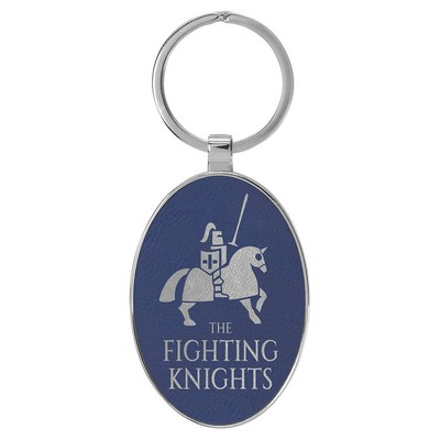 3" x 1 3/4" Leatherette/Metal Blue/Silver Oval Keychain