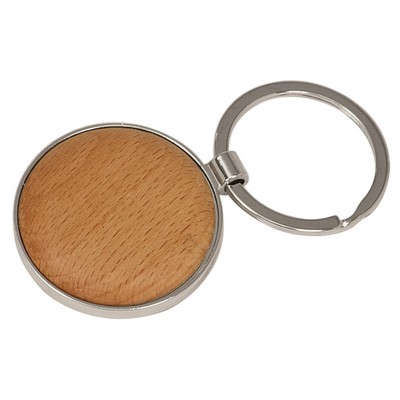 1.6" Silver/Wood Round Keychain