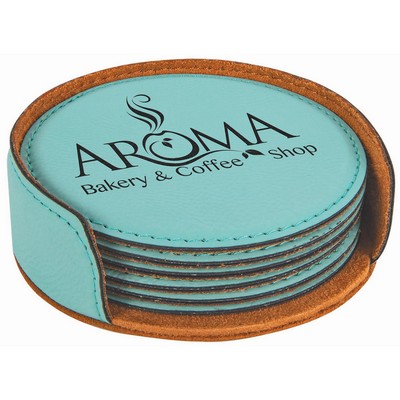 4" Round Teal Leatherette 6-Coaster Set