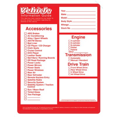 Vehicle Information Guide Sticker (100 Per Pack)