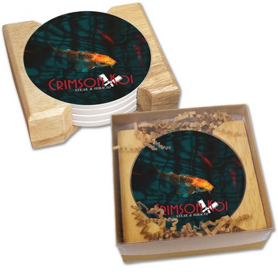 Light Wood Stand Gift Set w/ 4 Round Coasters