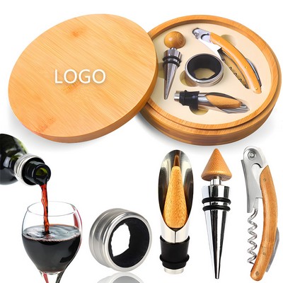 4-in-1 Custom Round Bamboo Wooden Wine Tool Set