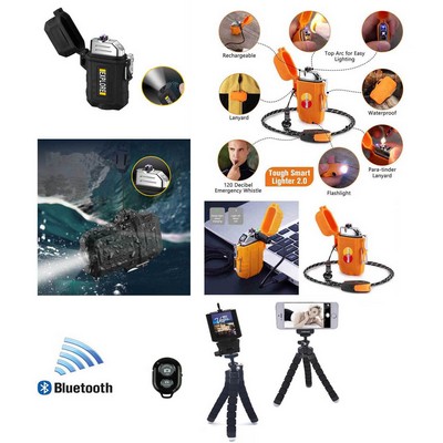 Promotek USB Rechargeable Flameless Lighter + Selfie Tripod + Bluetooth Remote (Black)