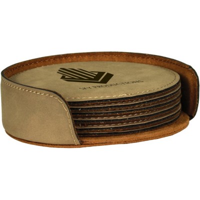 Round Coaster Set, Light Brown Faux Leather, 4" Dia