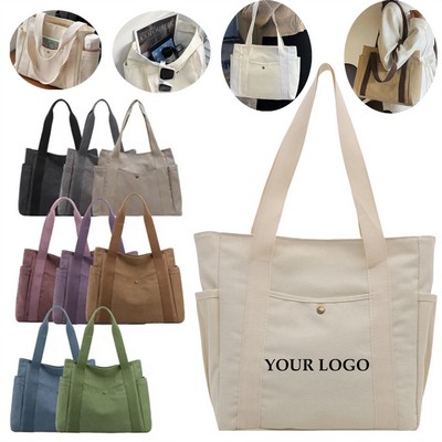 Tote Cotton Canvas Bag With Pockets Solid Large Capacity For Woman