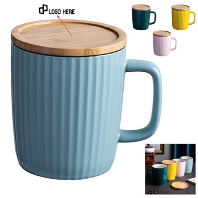 13Oz Striped Groove Ceramic Coffee Mug W/ Wooden Lid