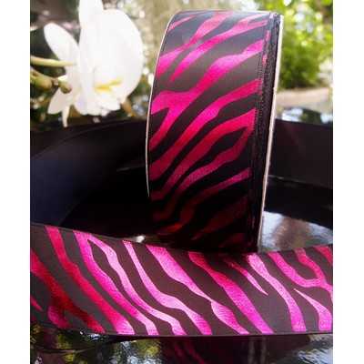 Fuchsia on Black Metallic Satin Zebra Print Ribbon