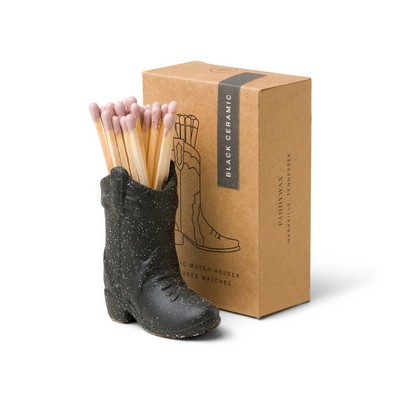 COWBOY BOOT VINTAGE MATCH HOLDER - BLACK, INCLUDES 25 COUNT of PINK SAFETY
