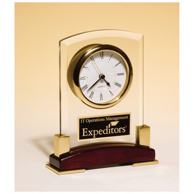 6 x 7.75" Glass Desk Clock, Rosewood Piano Finish Base