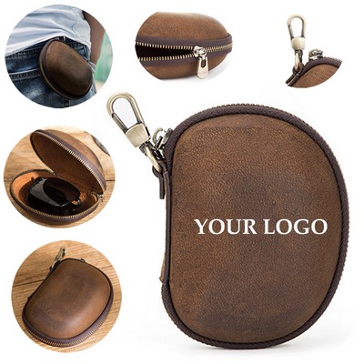 Crazy Horse Leather Round Genuine Leather Keychain Mini Coin Purses
