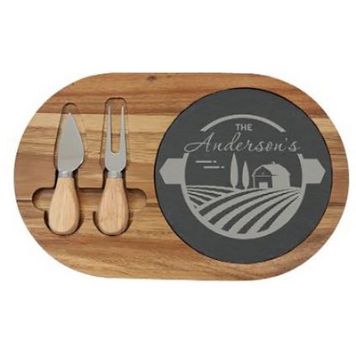 Acacia Wood/Slate Oval Cheese Set with Two Tools