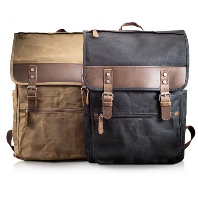 Waxed Canvas Commuter Laptop Backpack with Genuine Leather