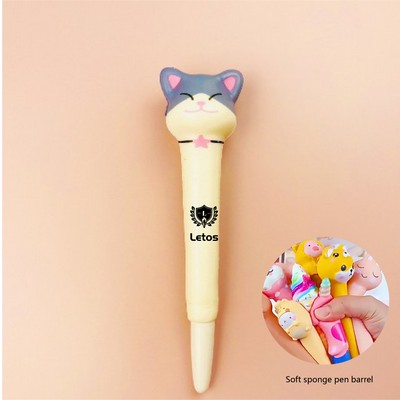 Cute Cat Stress Reliever Pen 2 In 1 Squeeze Toy Pen PU Foam Gel Ink Pen