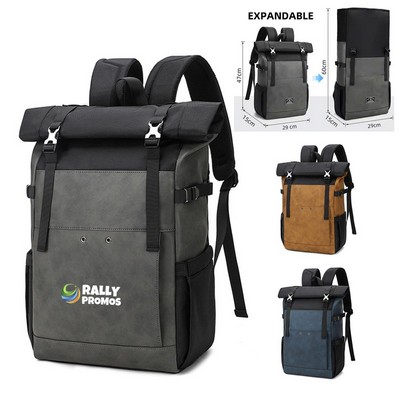 Roll Top Expandable PU Leather Travel Laptop Backpack