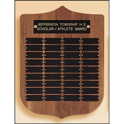 Walnut Shield Perpetual Plaque w/Brushed Brass Plates (12" x 16")