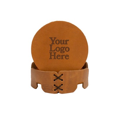 Full-Grain Leather Coaster Set of 4 Round Coasters w/Holder -3.75", Gift Box- Made in USA