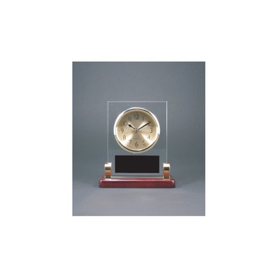 6.5" Rect Glass Desk Clock w/Posts & Rosewood Piano Finish