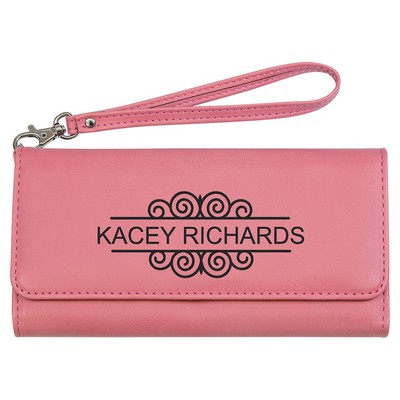 7 1/2" x 4" Pink Leatherette Wallet with Strap
