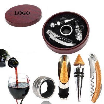 Bamboo Wood Round Box Stainless Steel Wine Pourer Set of 4