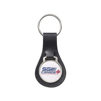 Bonded Leather Large Tear Drop Key Tag w/ Round Acrylic Medallion Key Fob