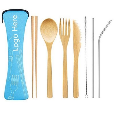 Bamboo Cutlery Set w/8.5" Stainless Steel Metal Straw And Cleaner