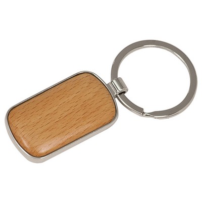 1" x 1.75" Silver/Wood Rounded Corner Rectangle Keychain