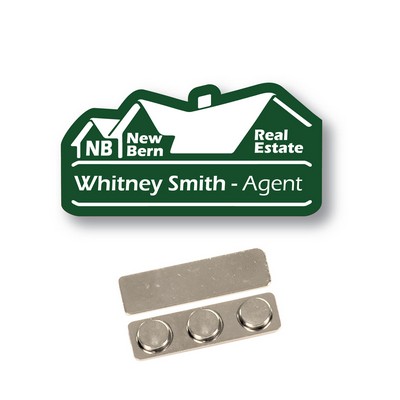 Name Badge -Custom Shape-Green Plastic laser etches to white. No Minimums