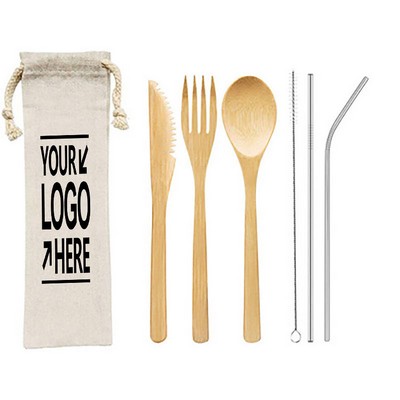 Bamboo Cutlery Set w/Stainless Steel Metal Straw & Cleaner