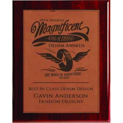 Rosewood Piano Finish Plaque with Rawhide Faux Leather Plate, 7 x 9"