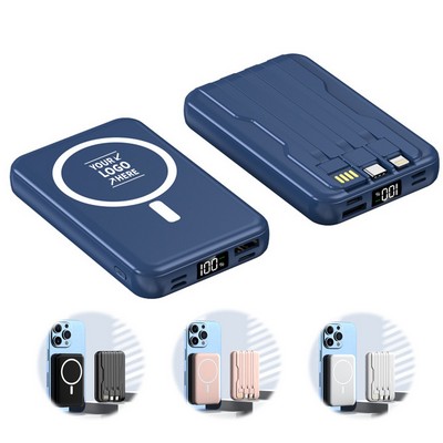 10,000mAh 15W Magnetic Wireless Charger Power Bank with Built-in Cables