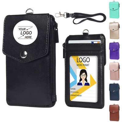 Leather ID Name Badge Card Holder with Lanyard