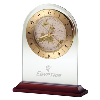World Time Glass Arch Alarm Clock w/ Rosewood Base