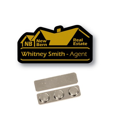 Name Badge- Custom Shape-BLACK Plastic- Lasers to Gold. No Minimums
