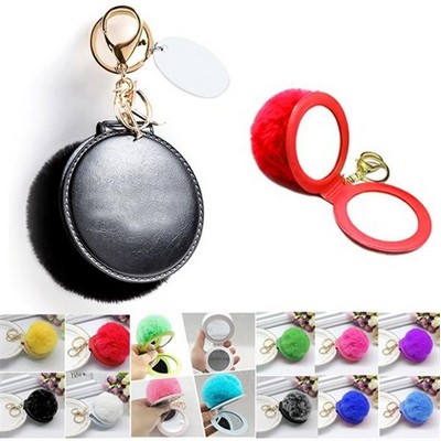 Fluffy Pompom Mirror Keychain with Custom Tag