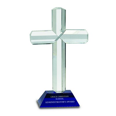 8 1/2" Crystal Cross on Blue Pedestal Base