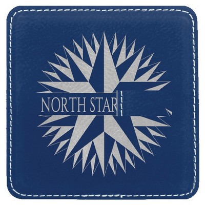 Square Coaster, Blue Faux Leather, Engraved, 4x4"