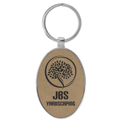 3" x 1 3/4" Leatherette/Metal Light Brown Oval Keychain
