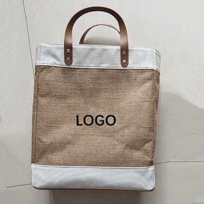 Jute Tote Bag W/ Leather Handle